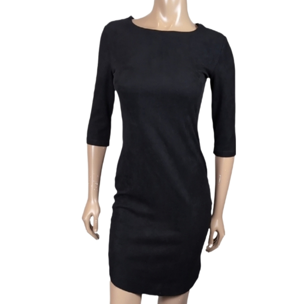 Lulu Love Bodycon Dress Womens Size Small Black Faux Suede Crop 3/4 Sleeves